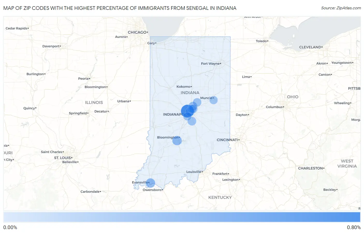 Zip Codes with the Highest Percentage of Immigrants from Senegal in Indiana Map