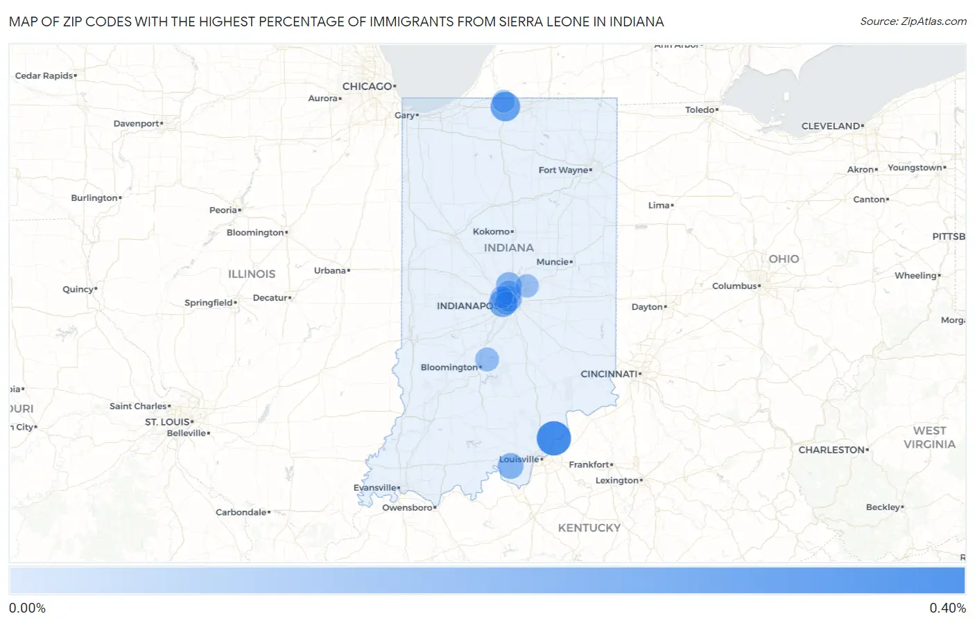 Zip Codes with the Highest Percentage of Immigrants from Sierra Leone in Indiana Map