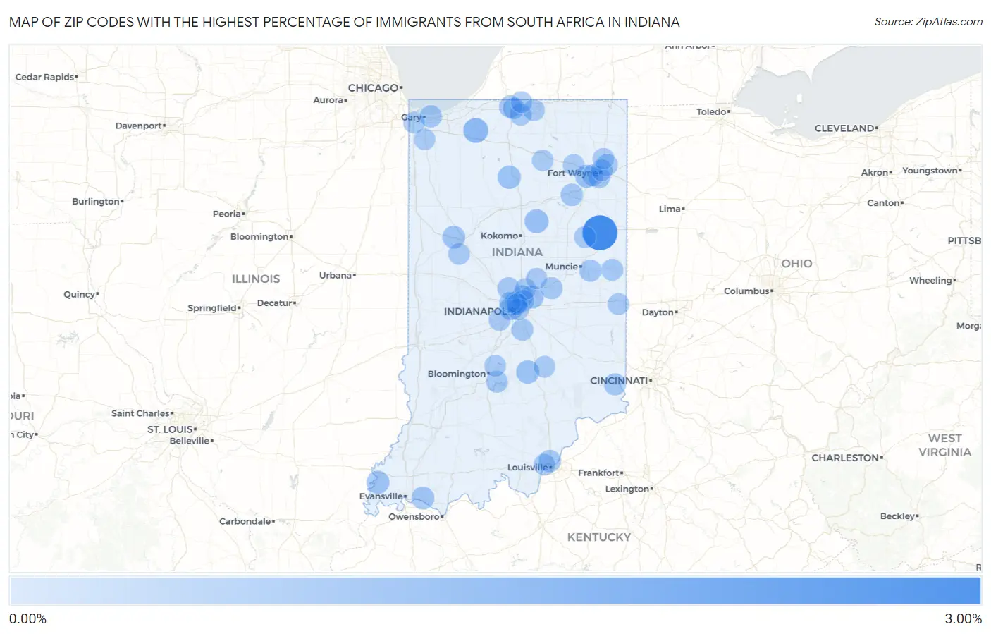 Zip Codes with the Highest Percentage of Immigrants from South Africa in Indiana Map