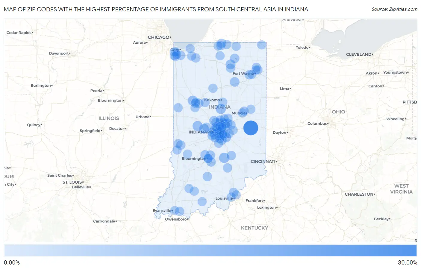 Zip Codes with the Highest Percentage of Immigrants from South Central Asia in Indiana Map