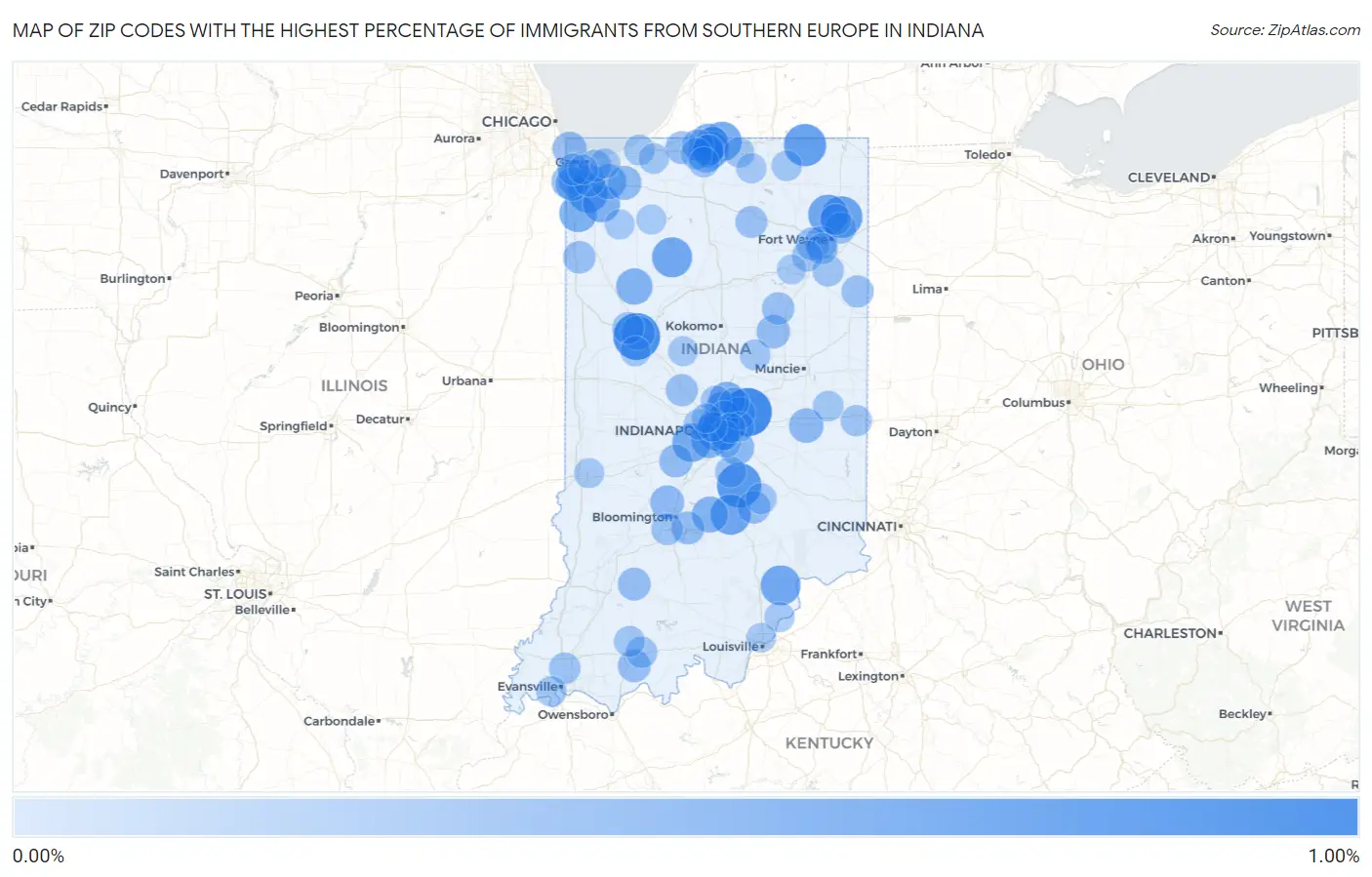 Zip Codes with the Highest Percentage of Immigrants from Southern Europe in Indiana Map