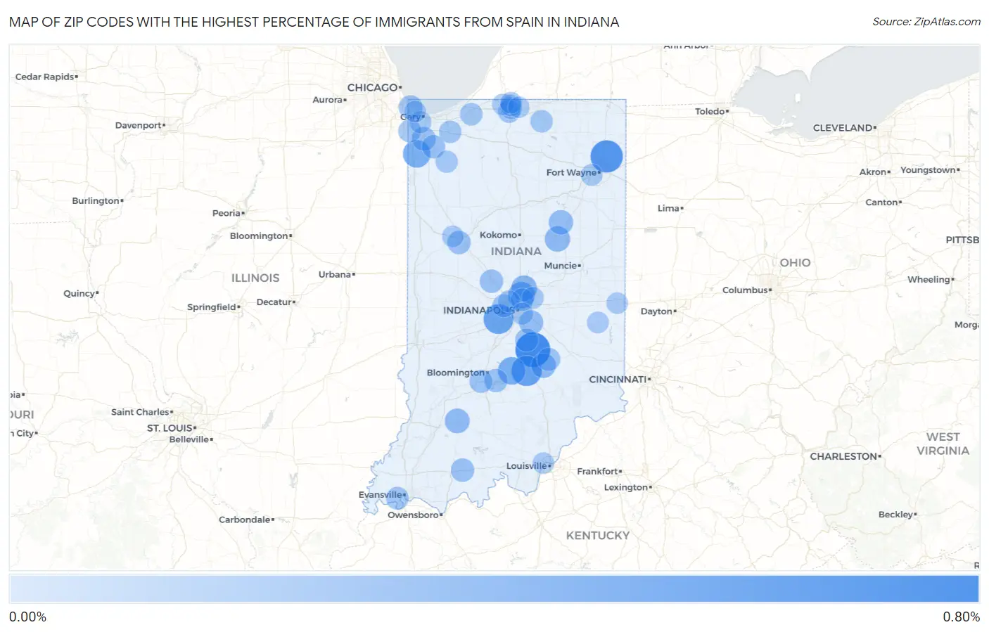 Zip Codes with the Highest Percentage of Immigrants from Spain in Indiana Map