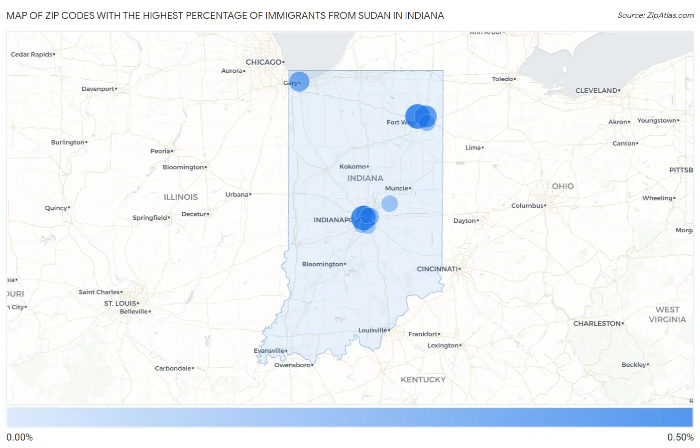 Zip Codes with the Highest Percentage of Immigrants from Sudan in Indiana Map