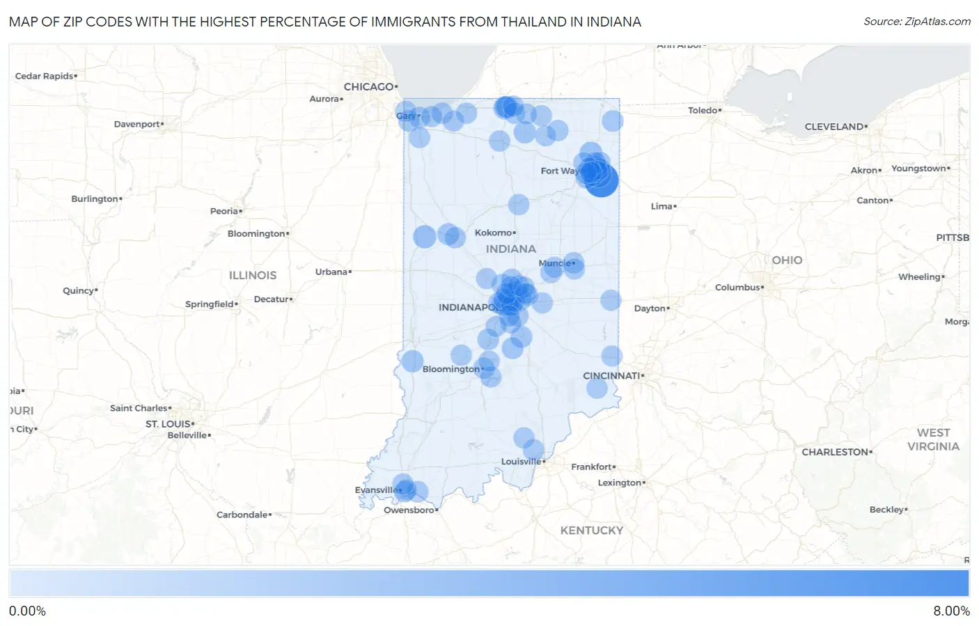Zip Codes with the Highest Percentage of Immigrants from Thailand in Indiana Map