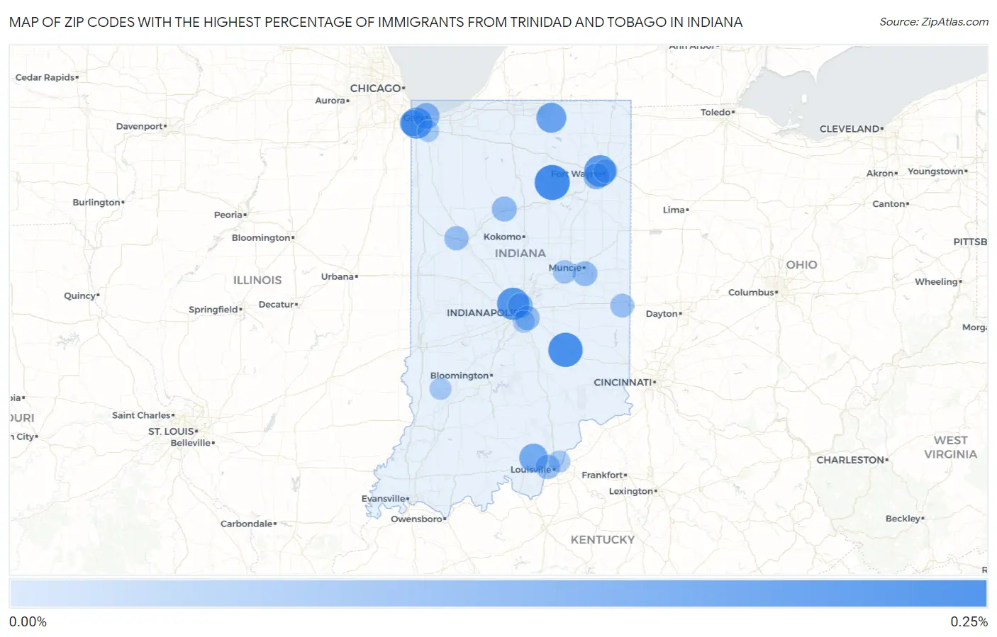 Zip Codes with the Highest Percentage of Immigrants from Trinidad and Tobago in Indiana Map