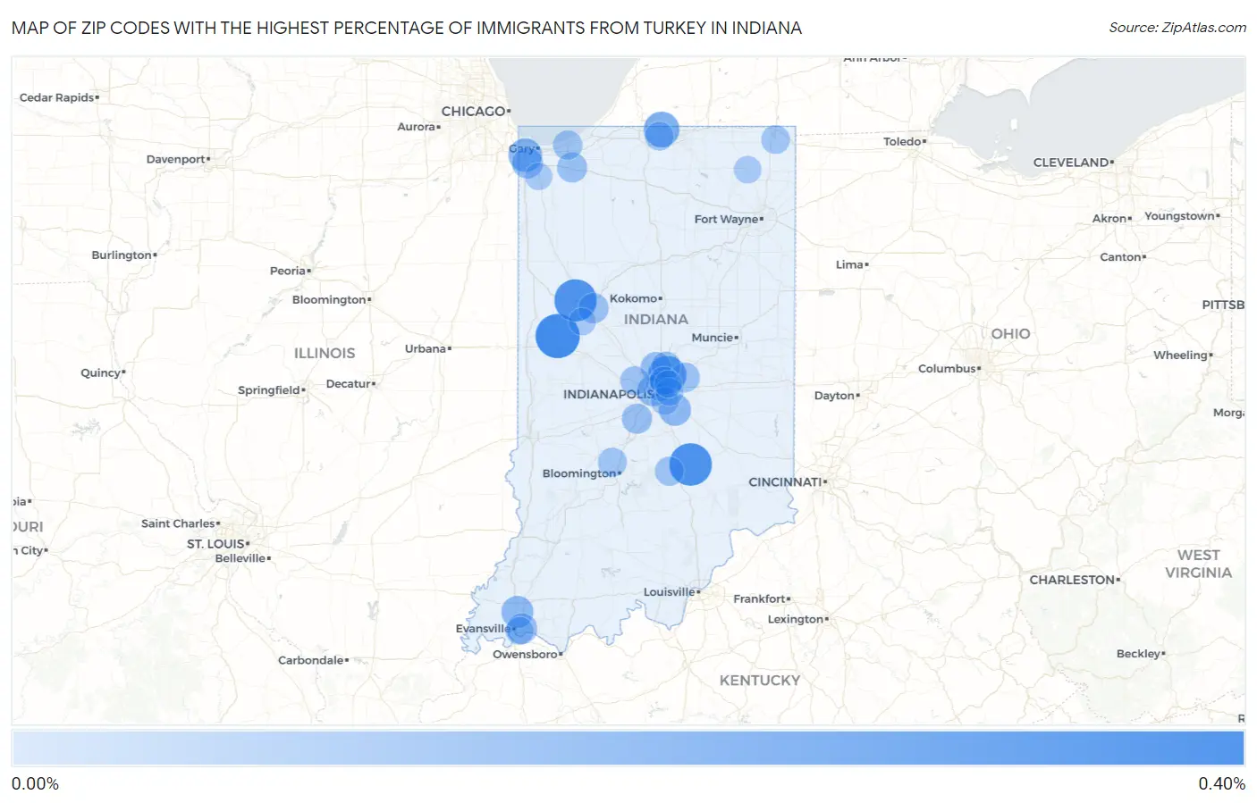 Zip Codes with the Highest Percentage of Immigrants from Turkey in Indiana Map