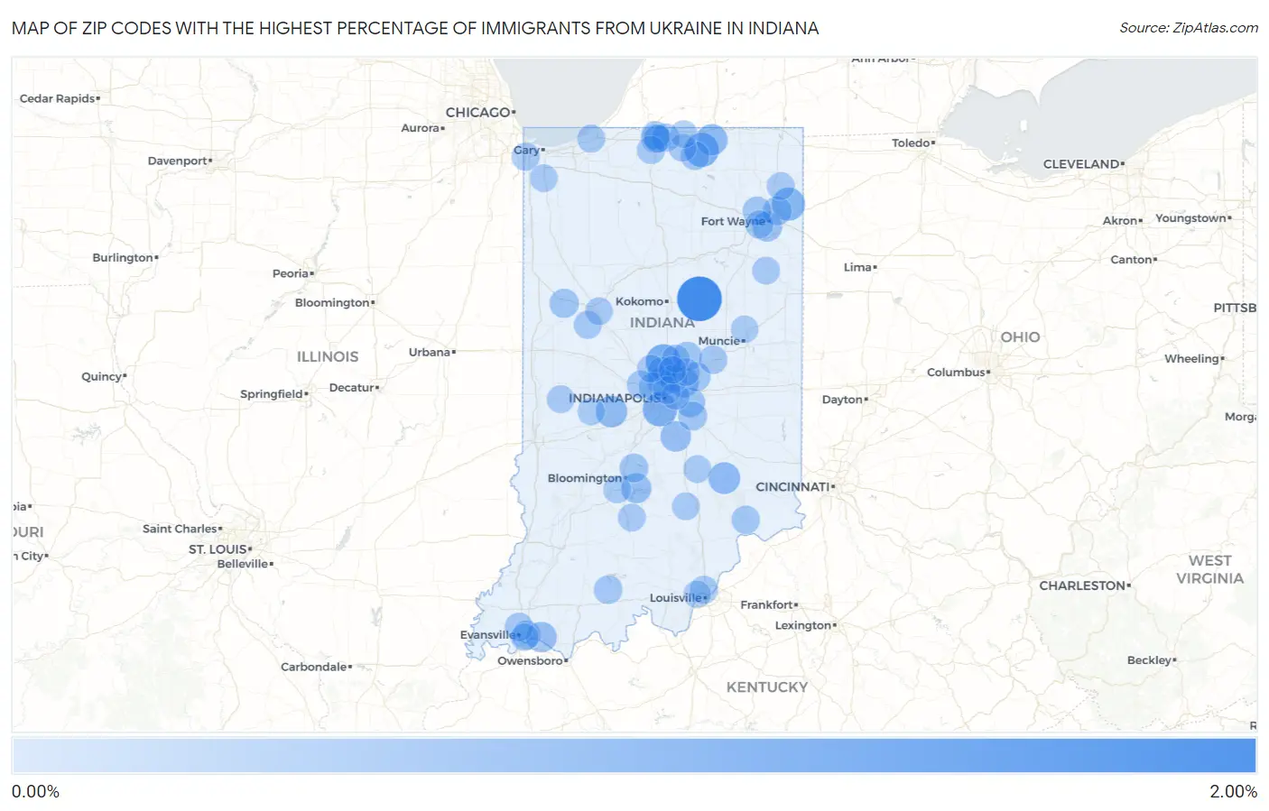 Zip Codes with the Highest Percentage of Immigrants from Ukraine in Indiana Map
