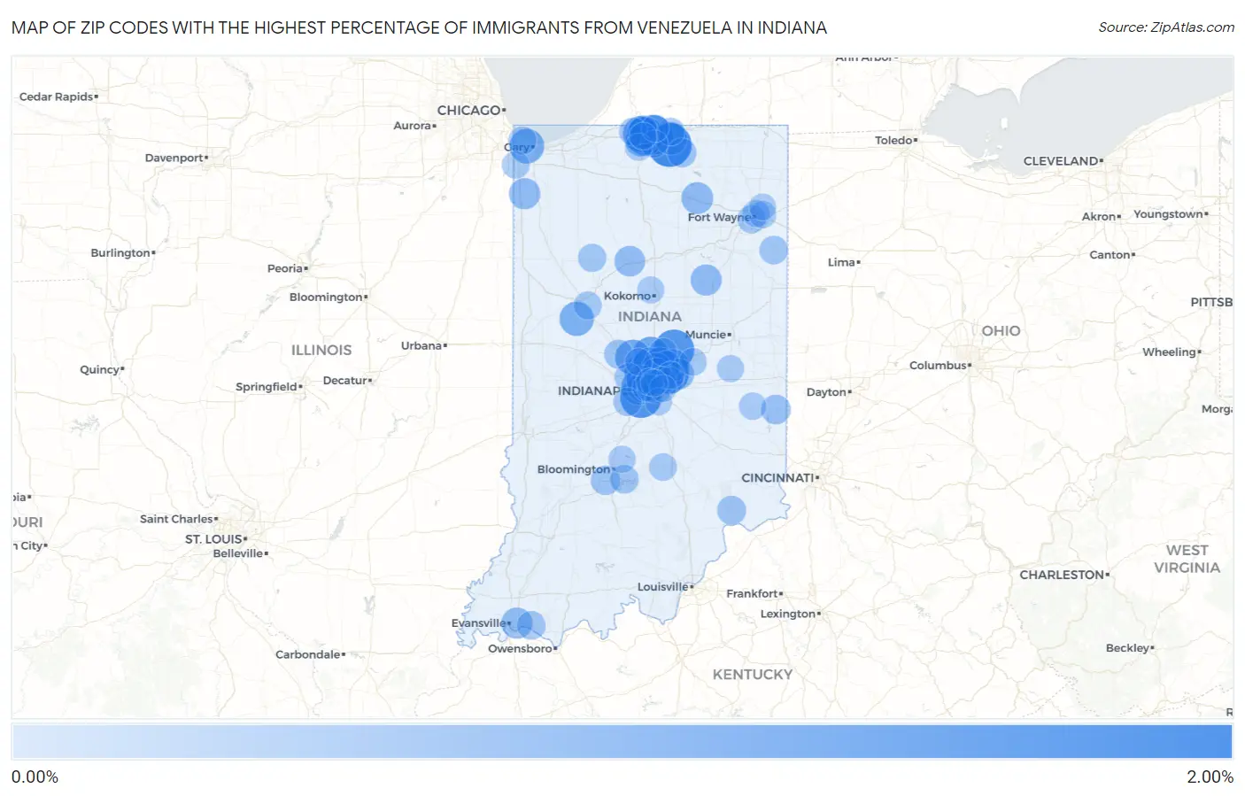 Zip Codes with the Highest Percentage of Immigrants from Venezuela in Indiana Map