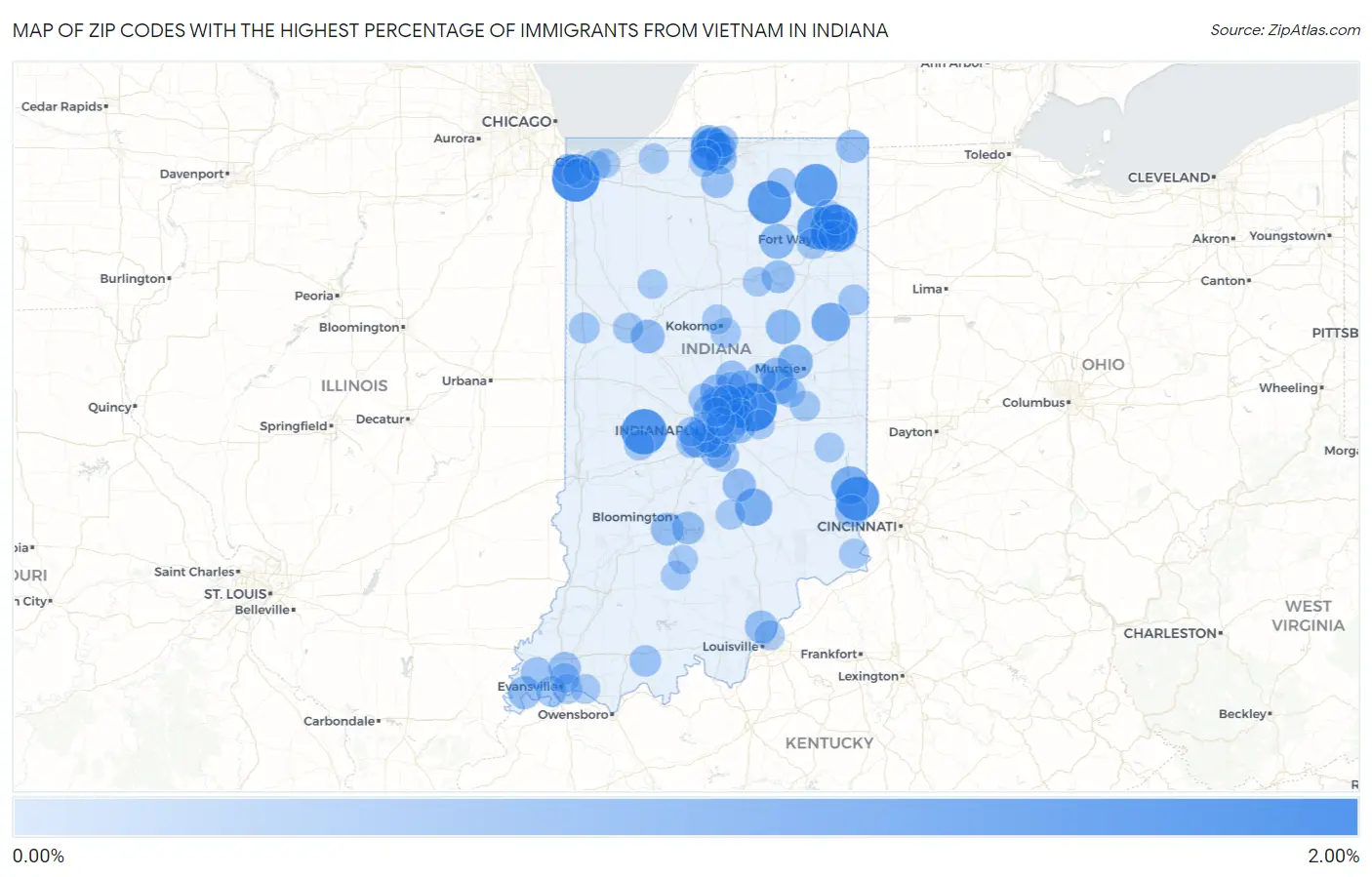 Zip Codes with the Highest Percentage of Immigrants from Vietnam in Indiana Map
