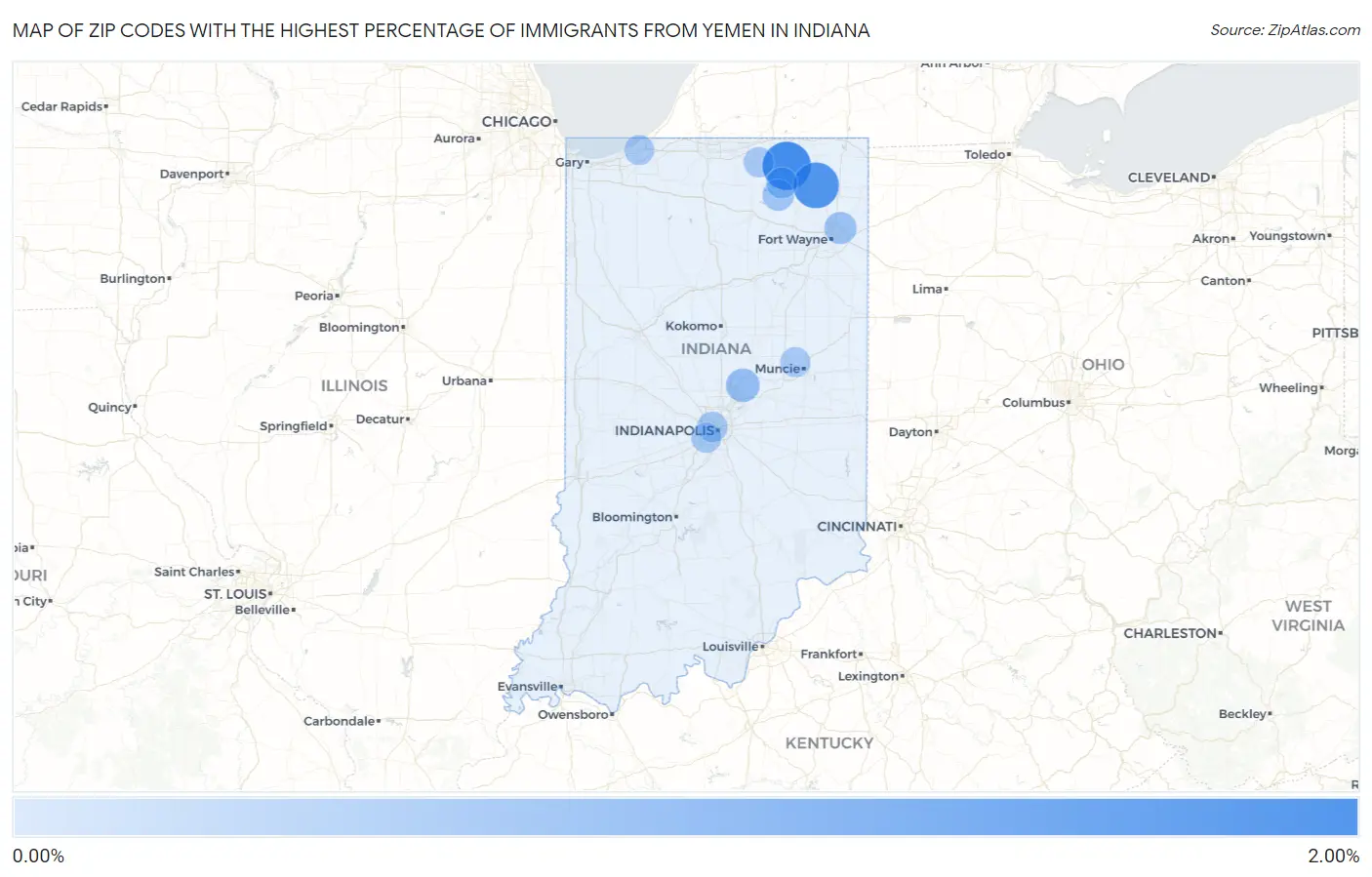 Zip Codes with the Highest Percentage of Immigrants from Yemen in Indiana Map