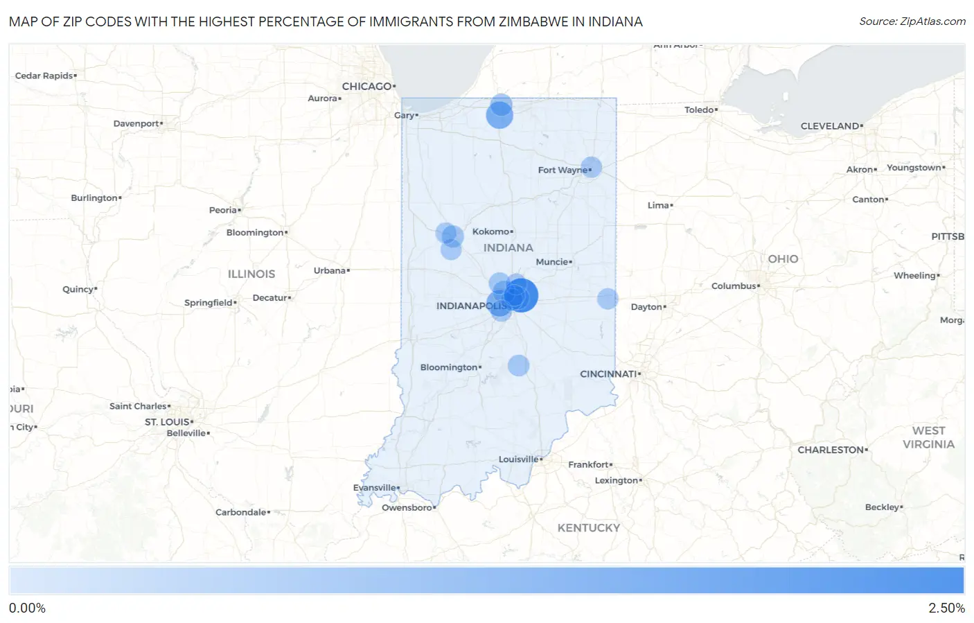 Zip Codes with the Highest Percentage of Immigrants from Zimbabwe in Indiana Map