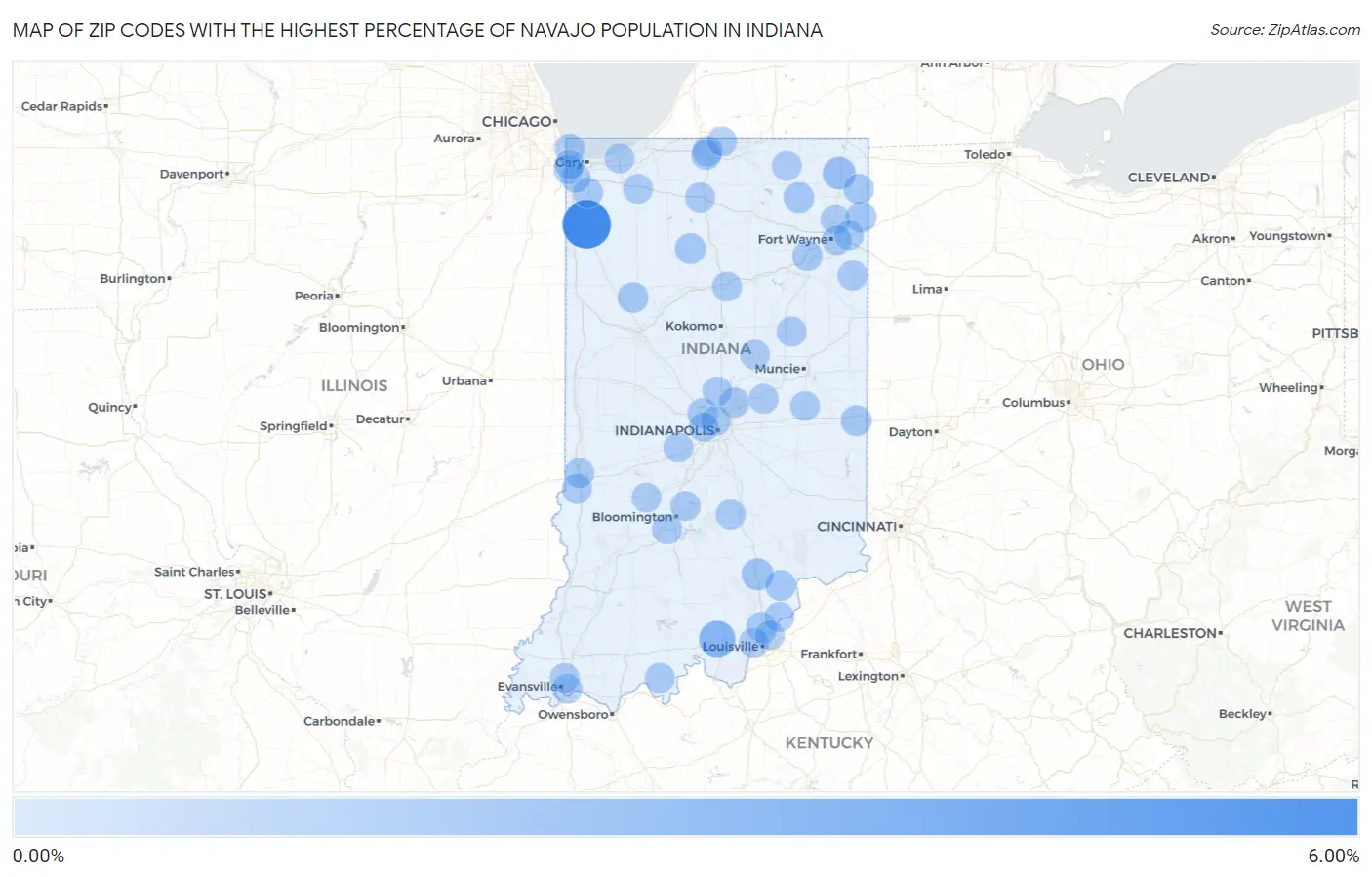 Zip Codes with the Highest Percentage of Navajo Population in Indiana Map