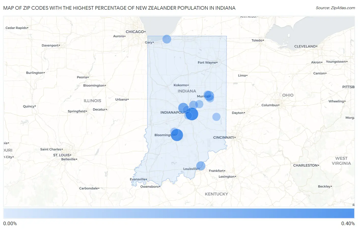 Zip Codes with the Highest Percentage of New Zealander Population in Indiana Map