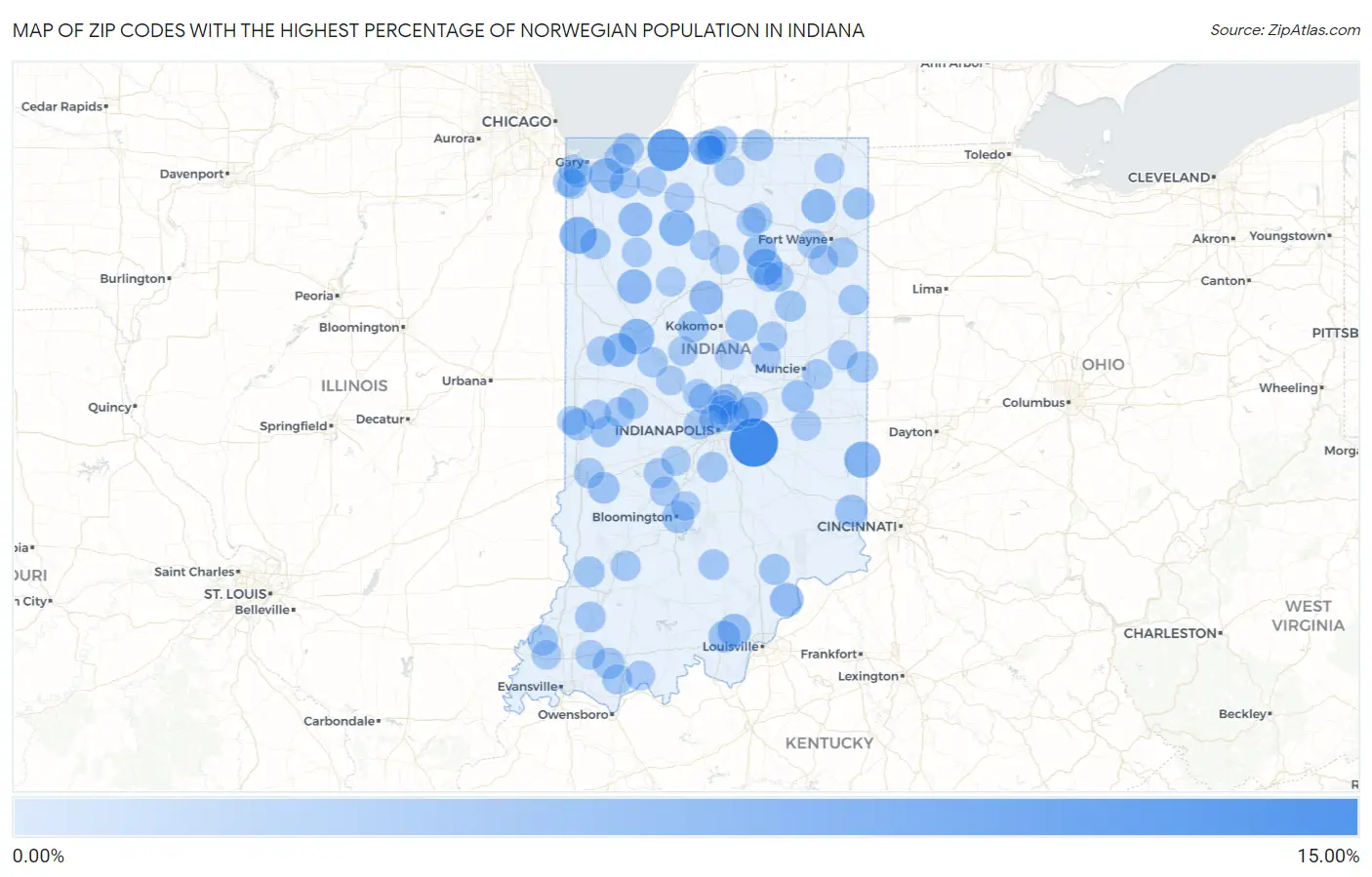 Zip Codes with the Highest Percentage of Norwegian Population in Indiana Map