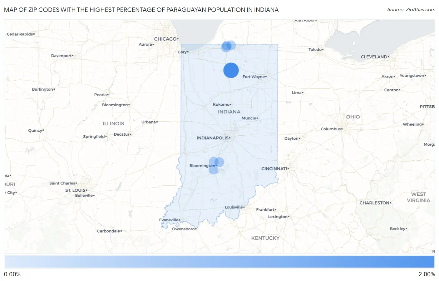 Zip Codes with the Highest Percentage of Paraguayan Population in Indiana Map