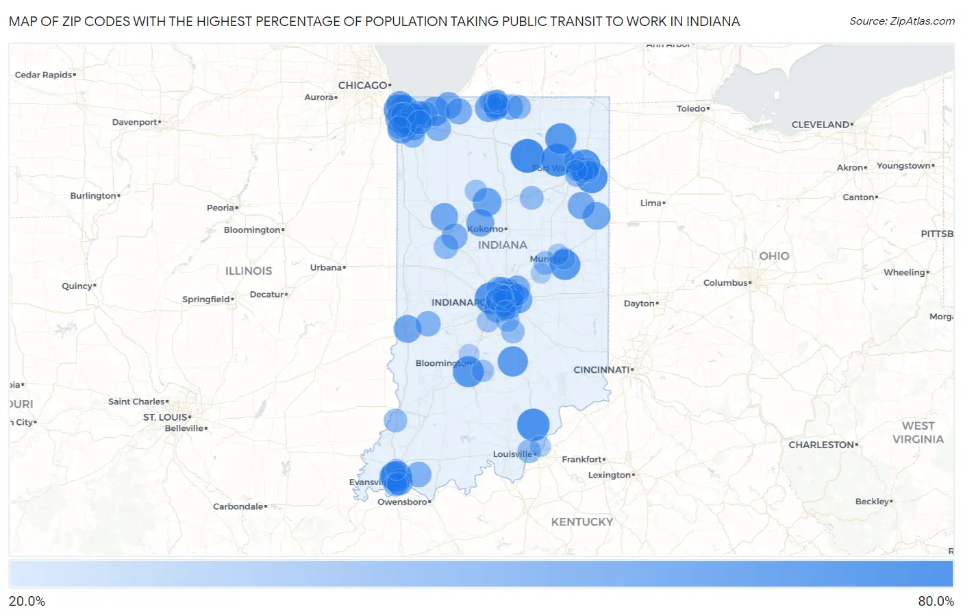 Zip Codes with the Highest Percentage of Population Taking Public Transit to Work in Indiana Map