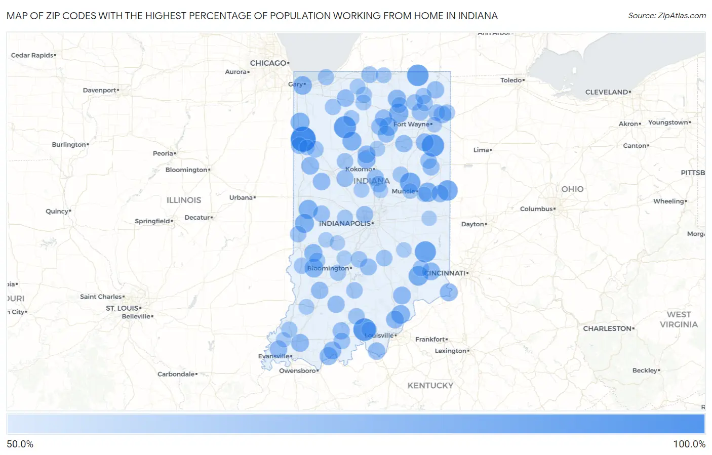 Zip Codes with the Highest Percentage of Population Working from Home in Indiana Map