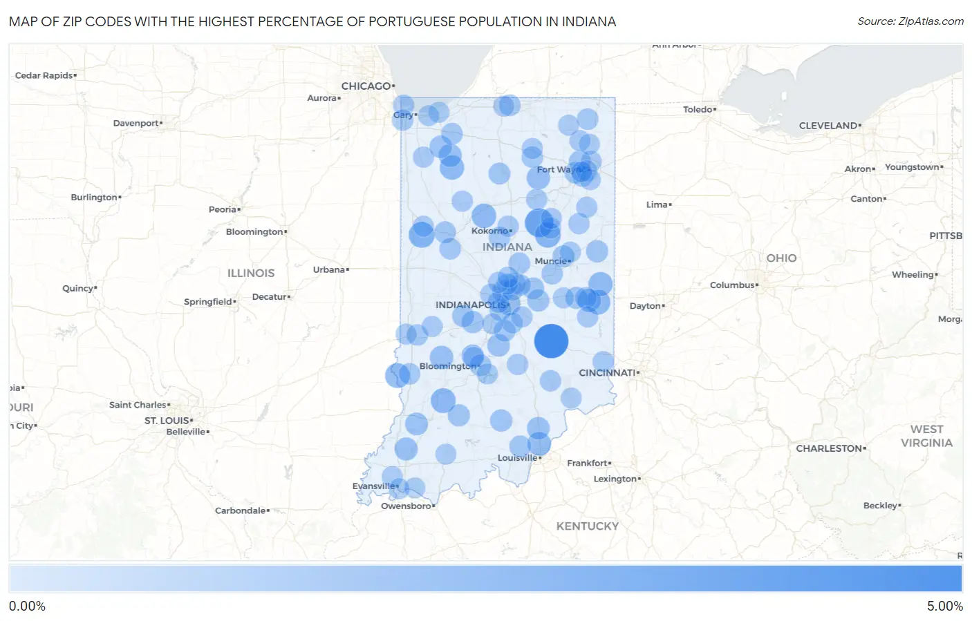 Zip Codes with the Highest Percentage of Portuguese Population in Indiana Map