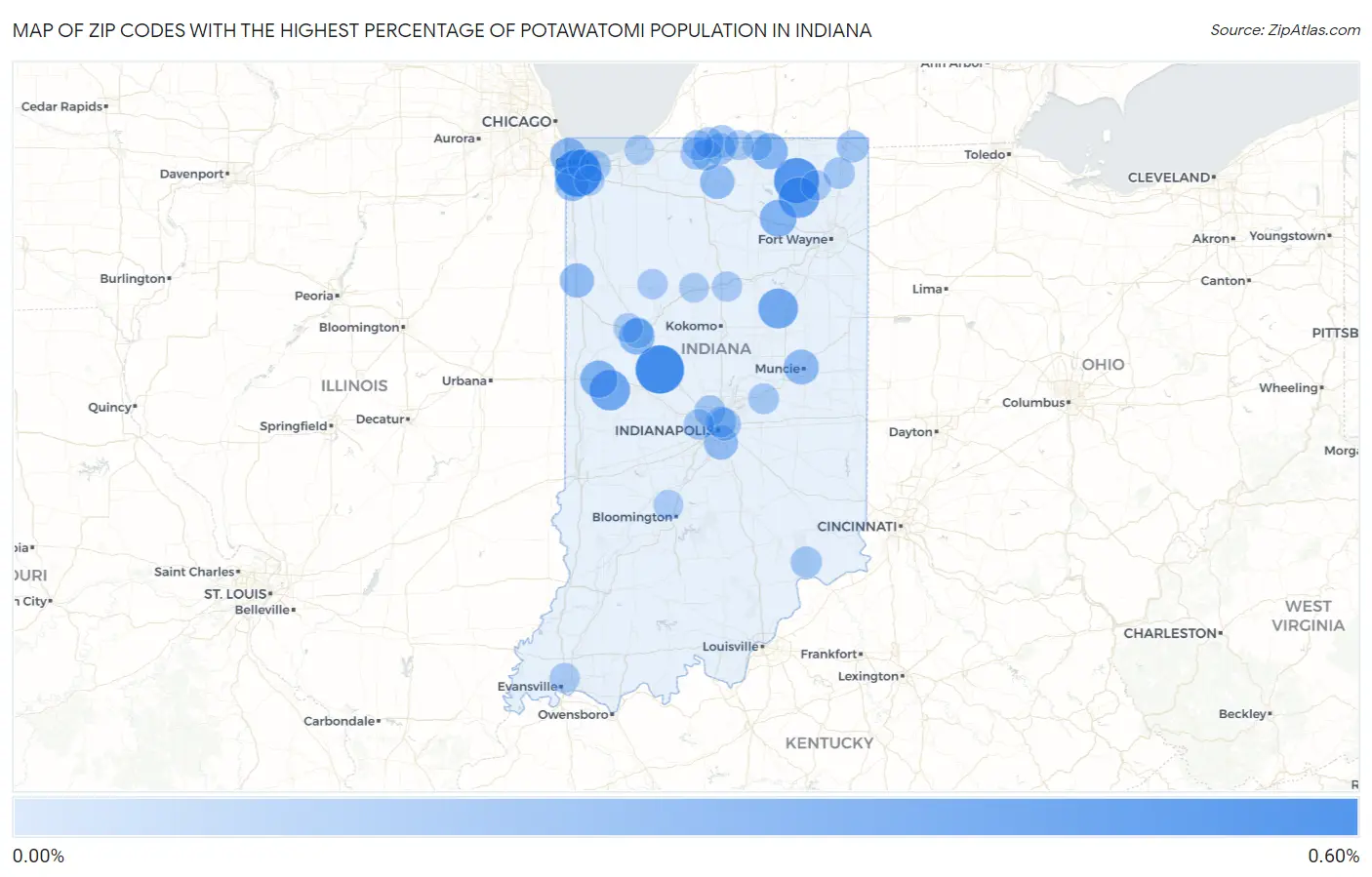 Zip Codes with the Highest Percentage of Potawatomi Population in Indiana Map