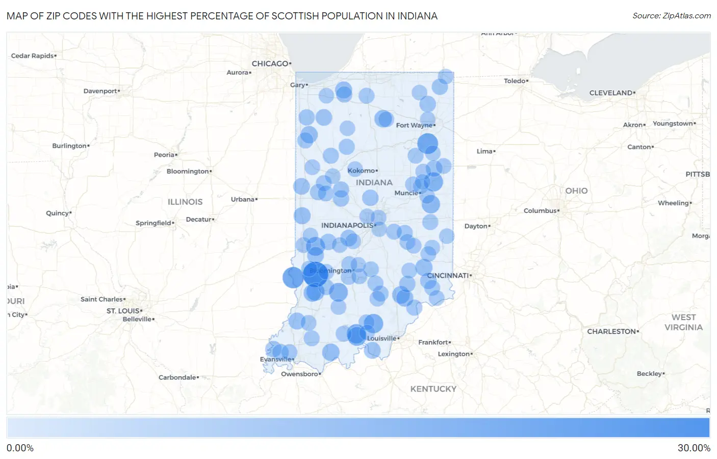Zip Codes with the Highest Percentage of Scottish Population in Indiana Map