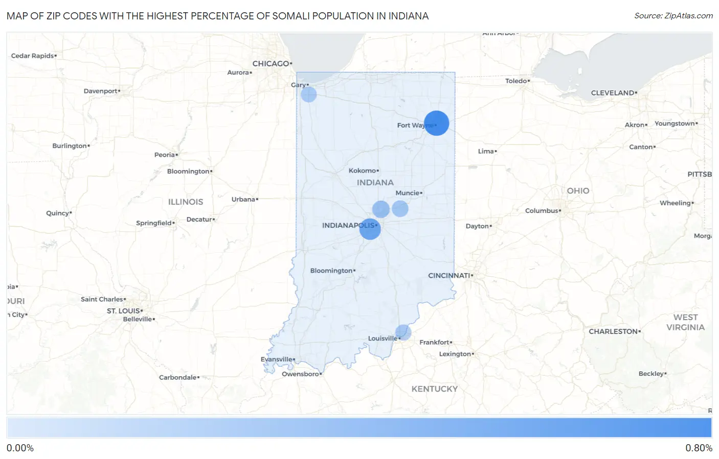 Zip Codes with the Highest Percentage of Somali Population in Indiana Map