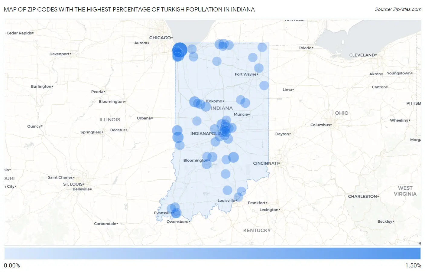 Zip Codes with the Highest Percentage of Turkish Population in Indiana Map