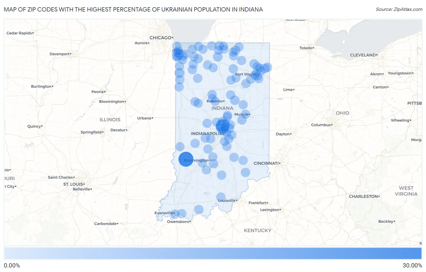 Zip Codes with the Highest Percentage of Ukrainian Population in Indiana Map