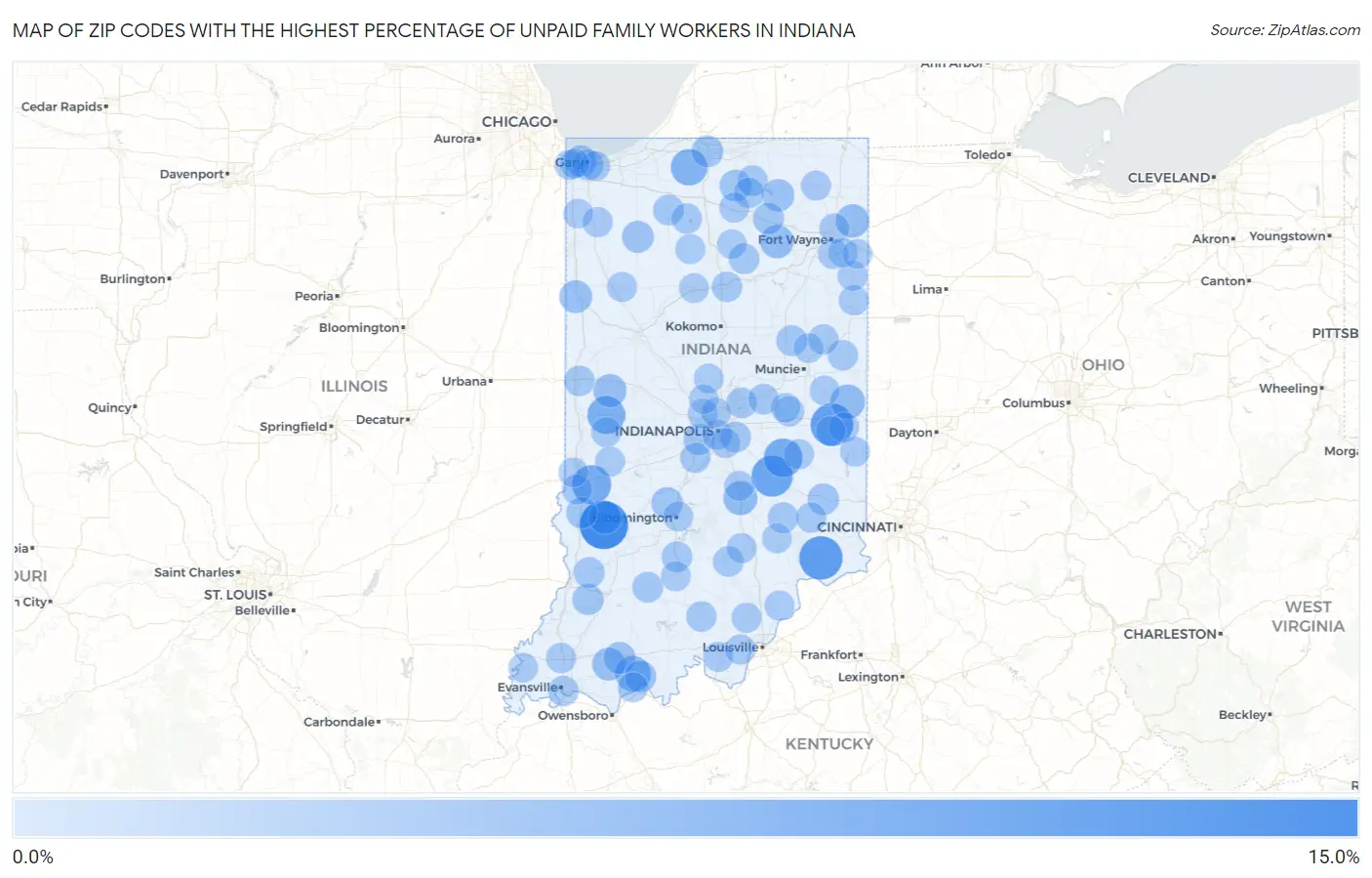 Zip Codes with the Highest Percentage of Unpaid Family Workers in Indiana Map