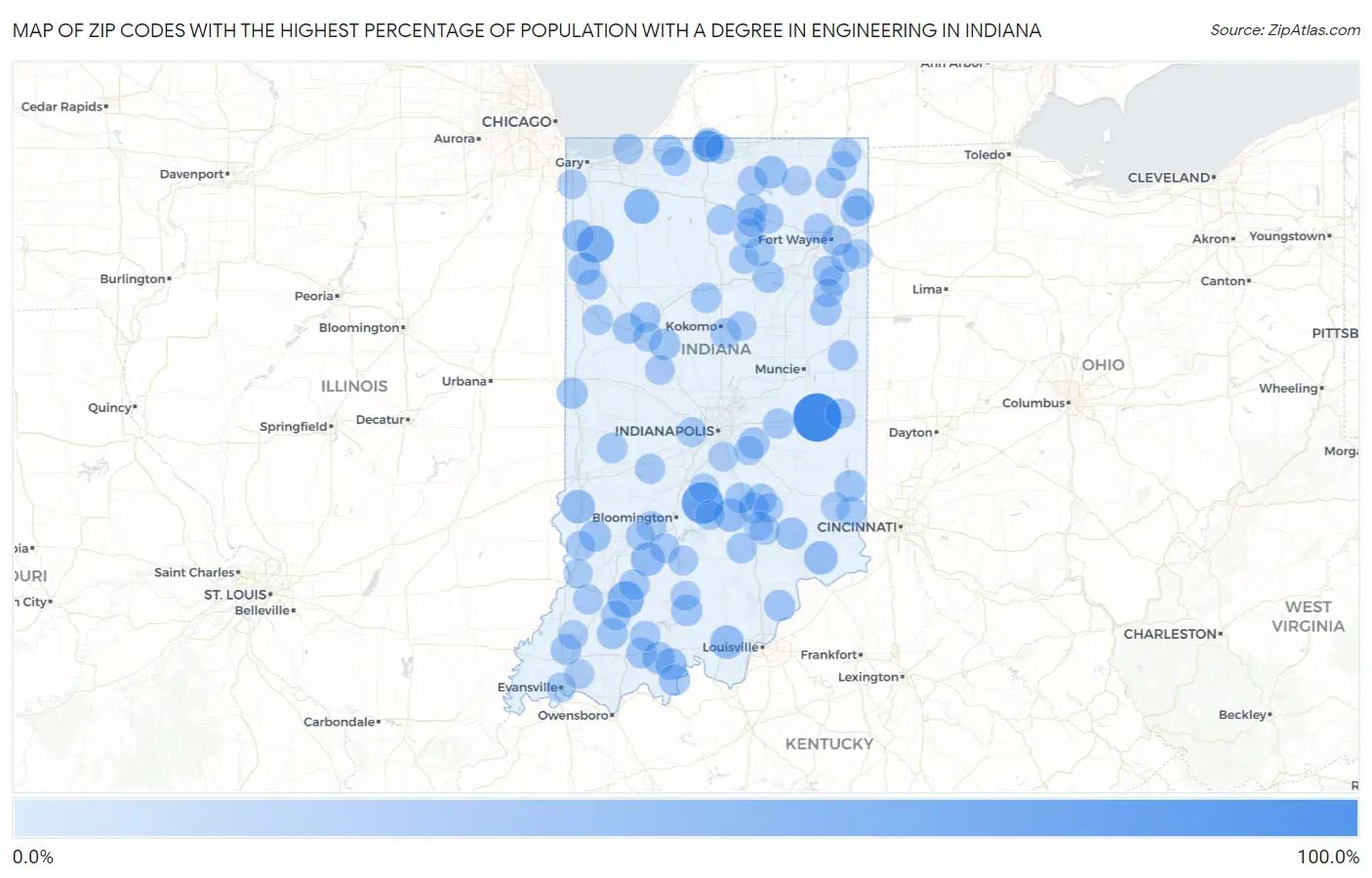 Zip Codes with the Highest Percentage of Population with a Degree in Engineering in Indiana Map