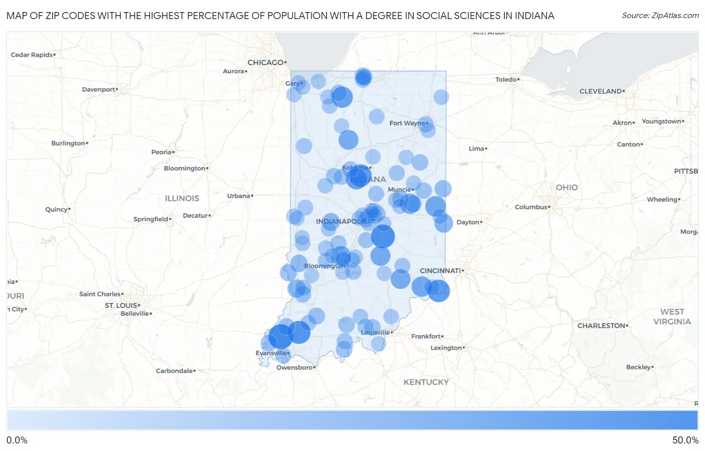 Zip Codes with the Highest Percentage of Population with a Degree in Social Sciences in Indiana Map