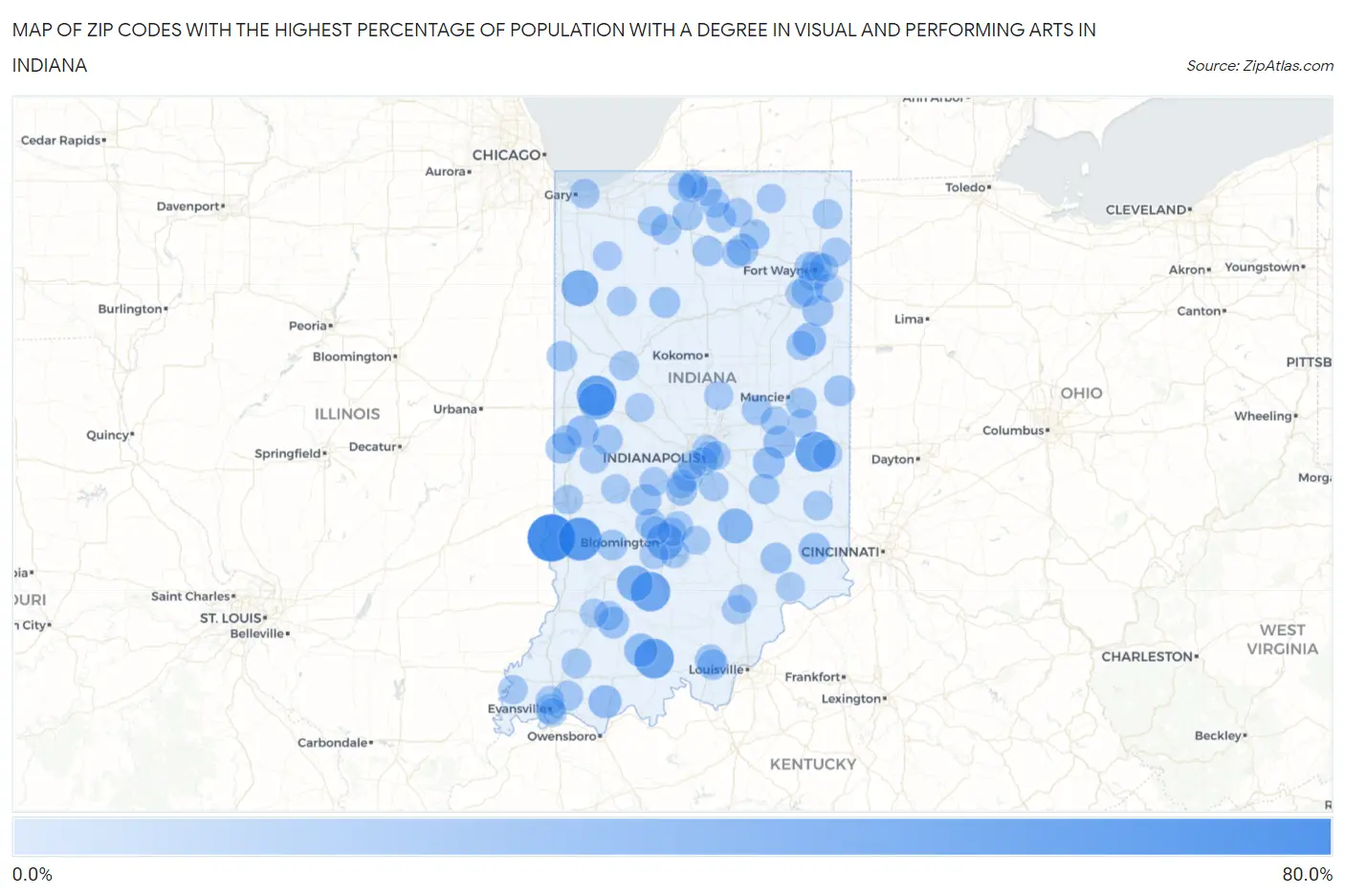 Zip Codes with the Highest Percentage of Population with a Degree in Visual and Performing Arts in Indiana Map