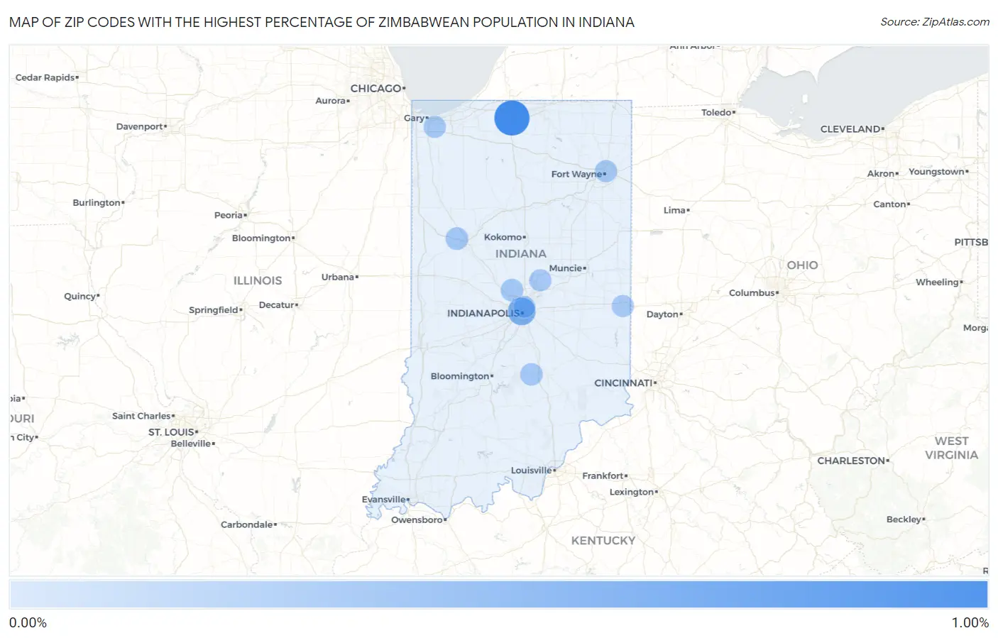 Zip Codes with the Highest Percentage of Zimbabwean Population in Indiana Map
