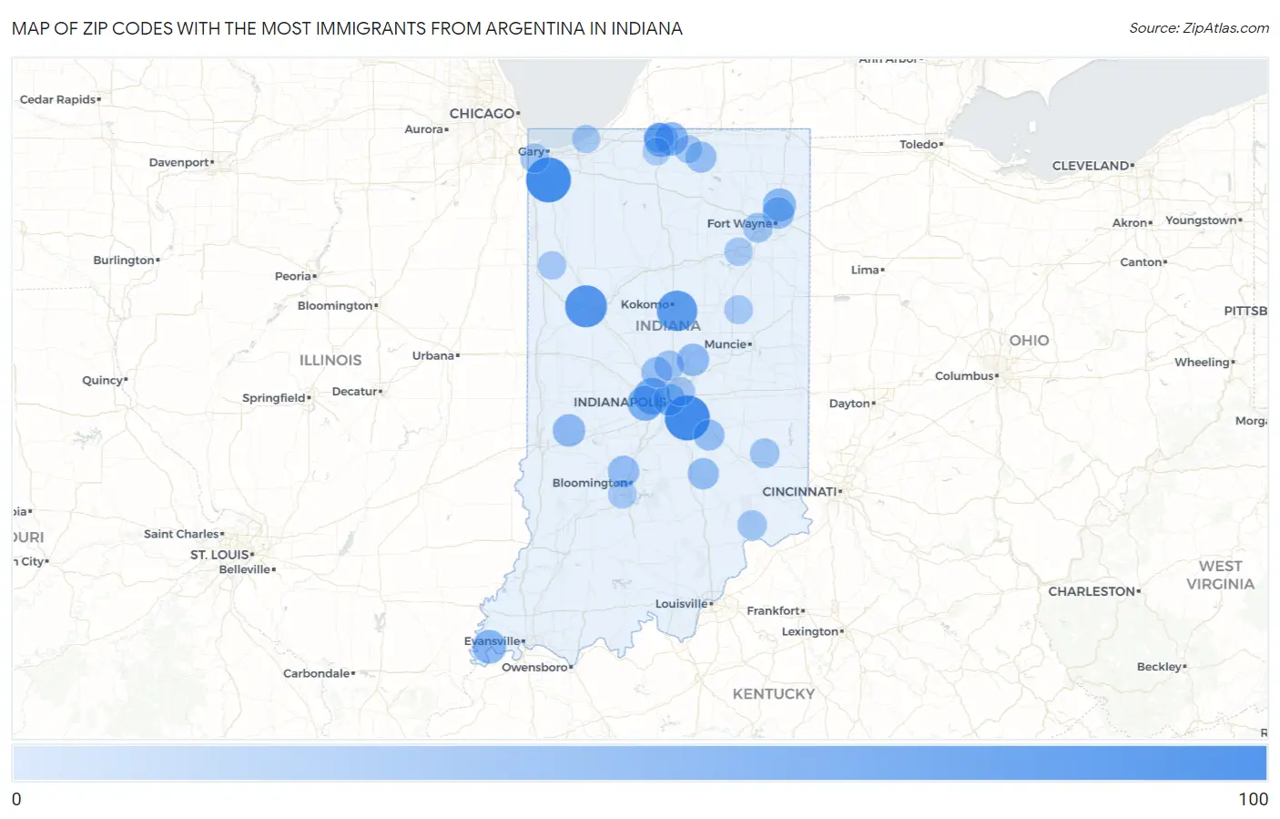 Zip Codes with the Most Immigrants from Argentina in Indiana Map
