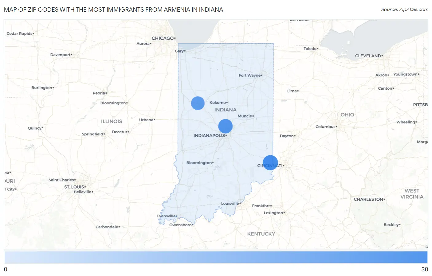 Zip Codes with the Most Immigrants from Armenia in Indiana Map