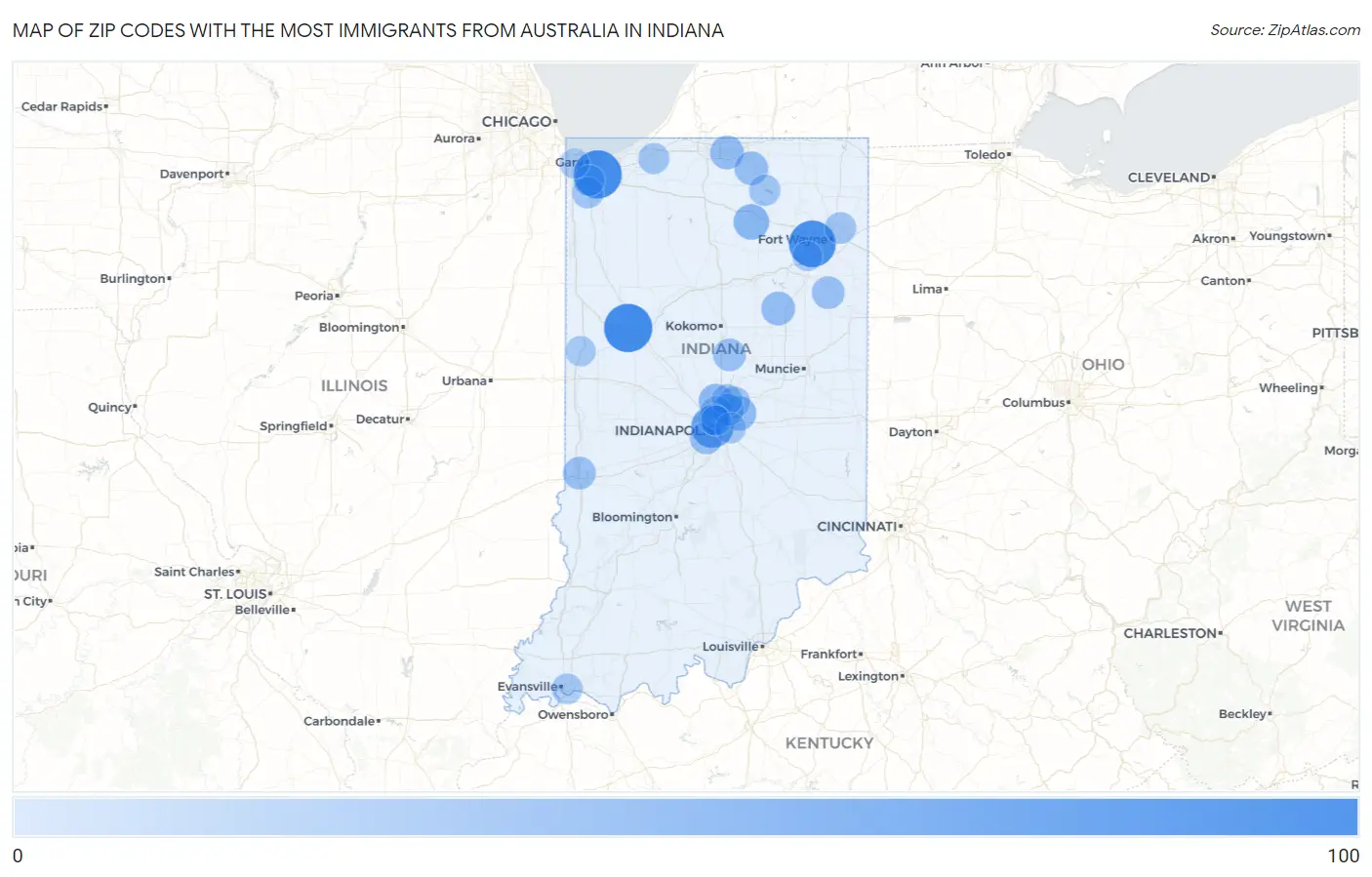 Zip Codes with the Most Immigrants from Australia in Indiana Map