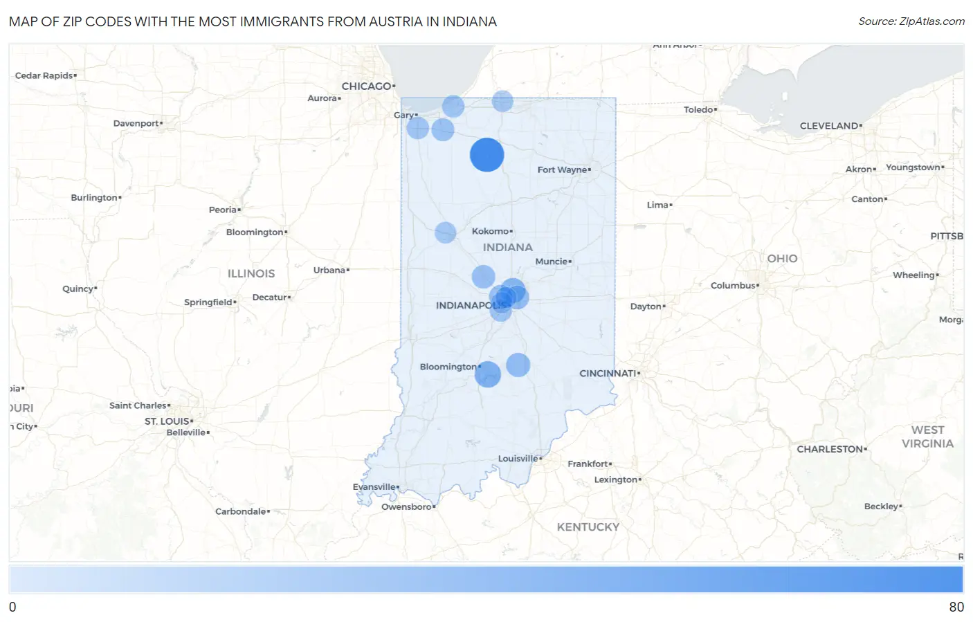 Zip Codes with the Most Immigrants from Austria in Indiana Map