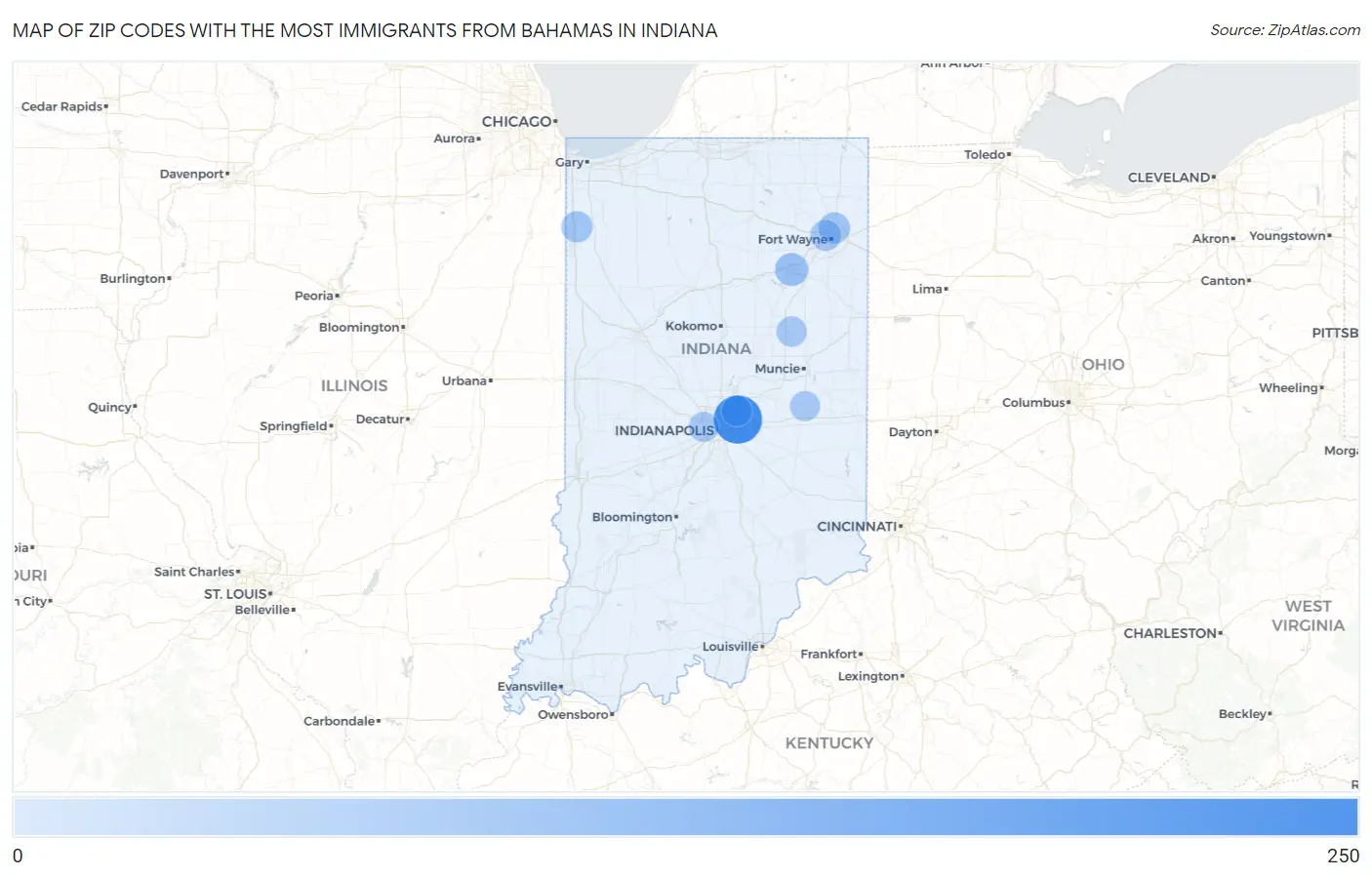 Zip Codes with the Most Immigrants from Bahamas in Indiana Map