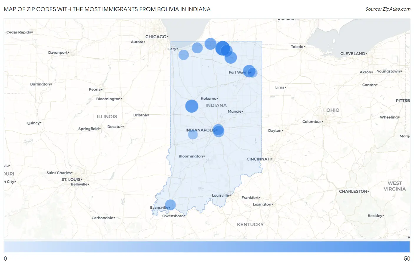 Zip Codes with the Most Immigrants from Bolivia in Indiana Map