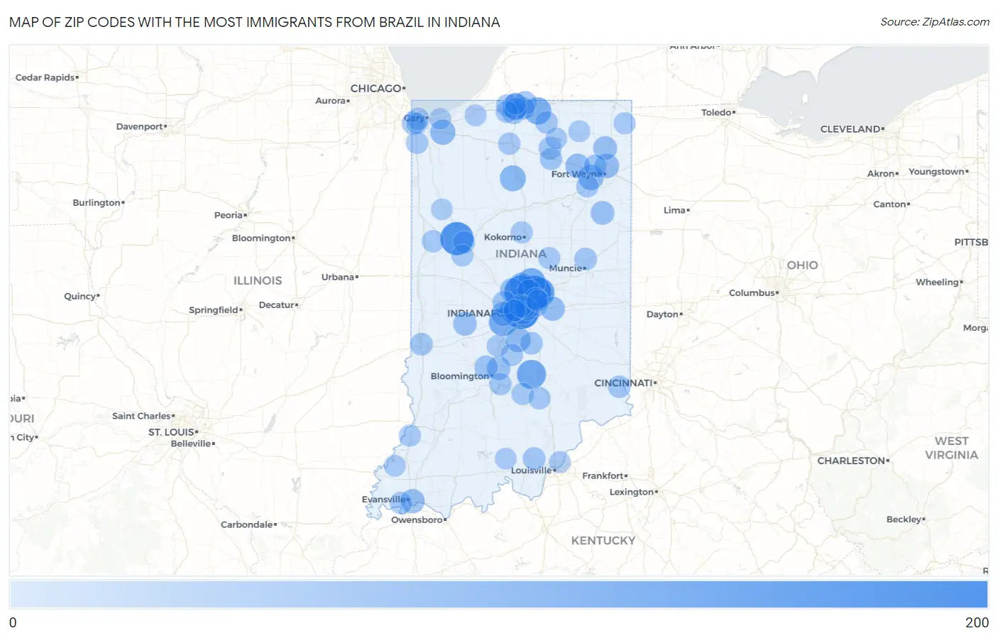 Zip Codes with the Most Immigrants from Brazil in Indiana Map