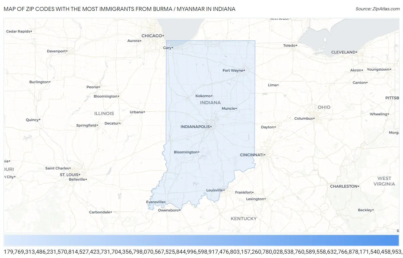 Zip Codes with the Most Immigrants from Burma / Myanmar in Indiana Map
