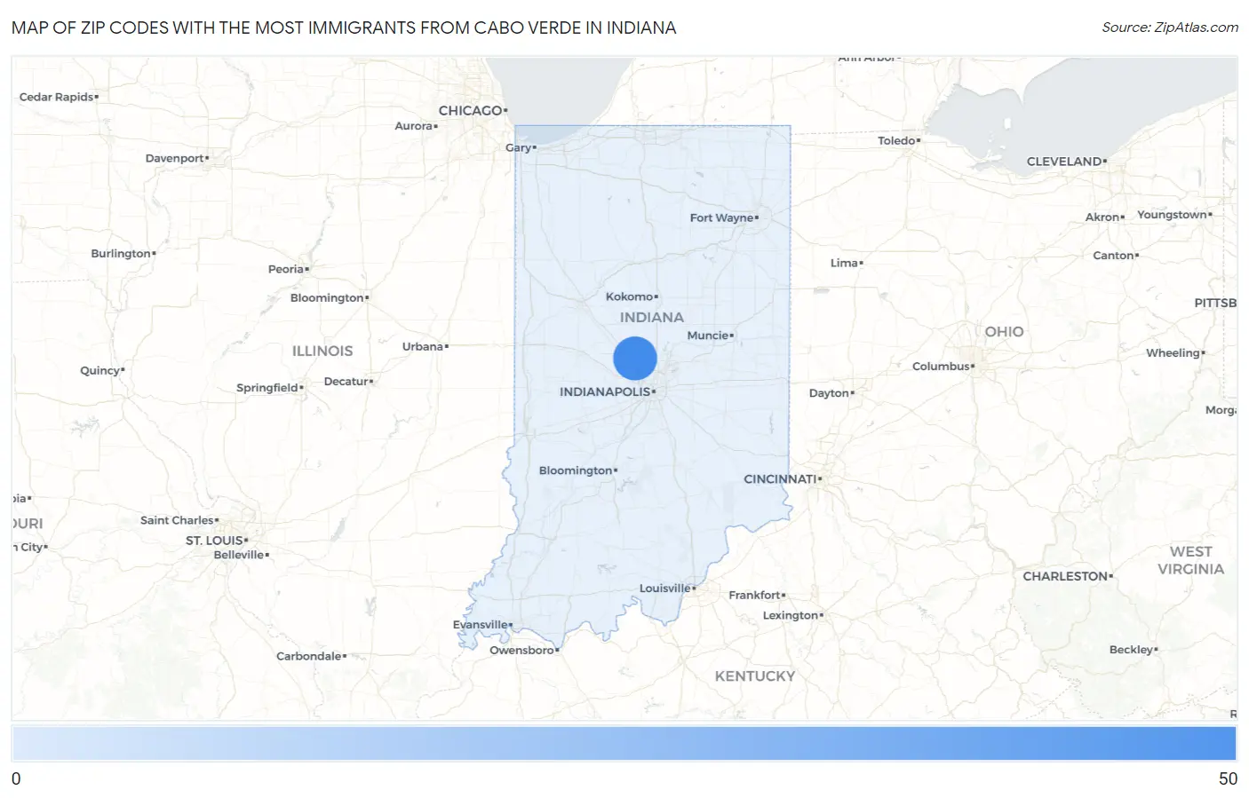 Zip Codes with the Most Immigrants from Cabo Verde in Indiana Map