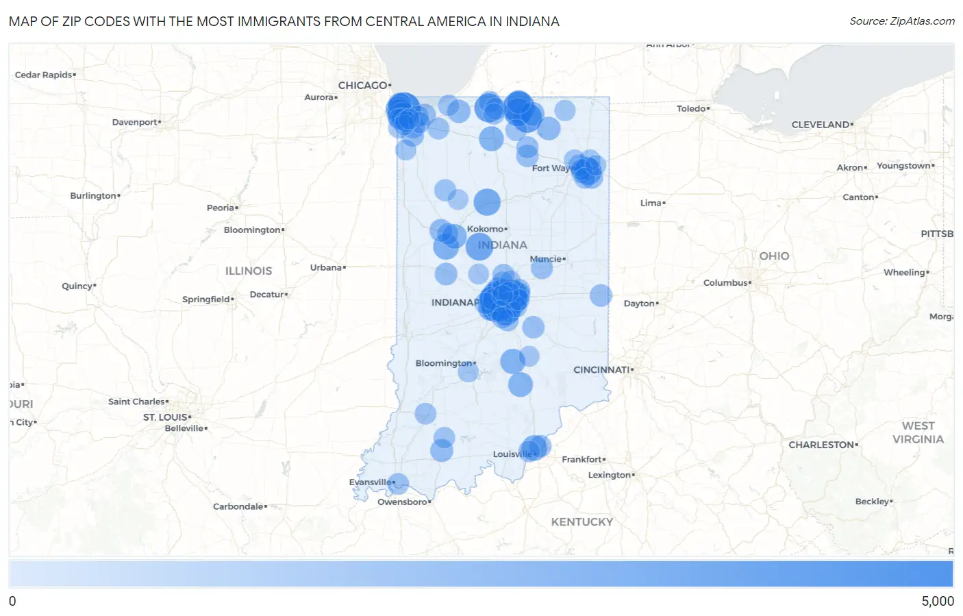 Zip Codes with the Most Immigrants from Central America in Indiana Map