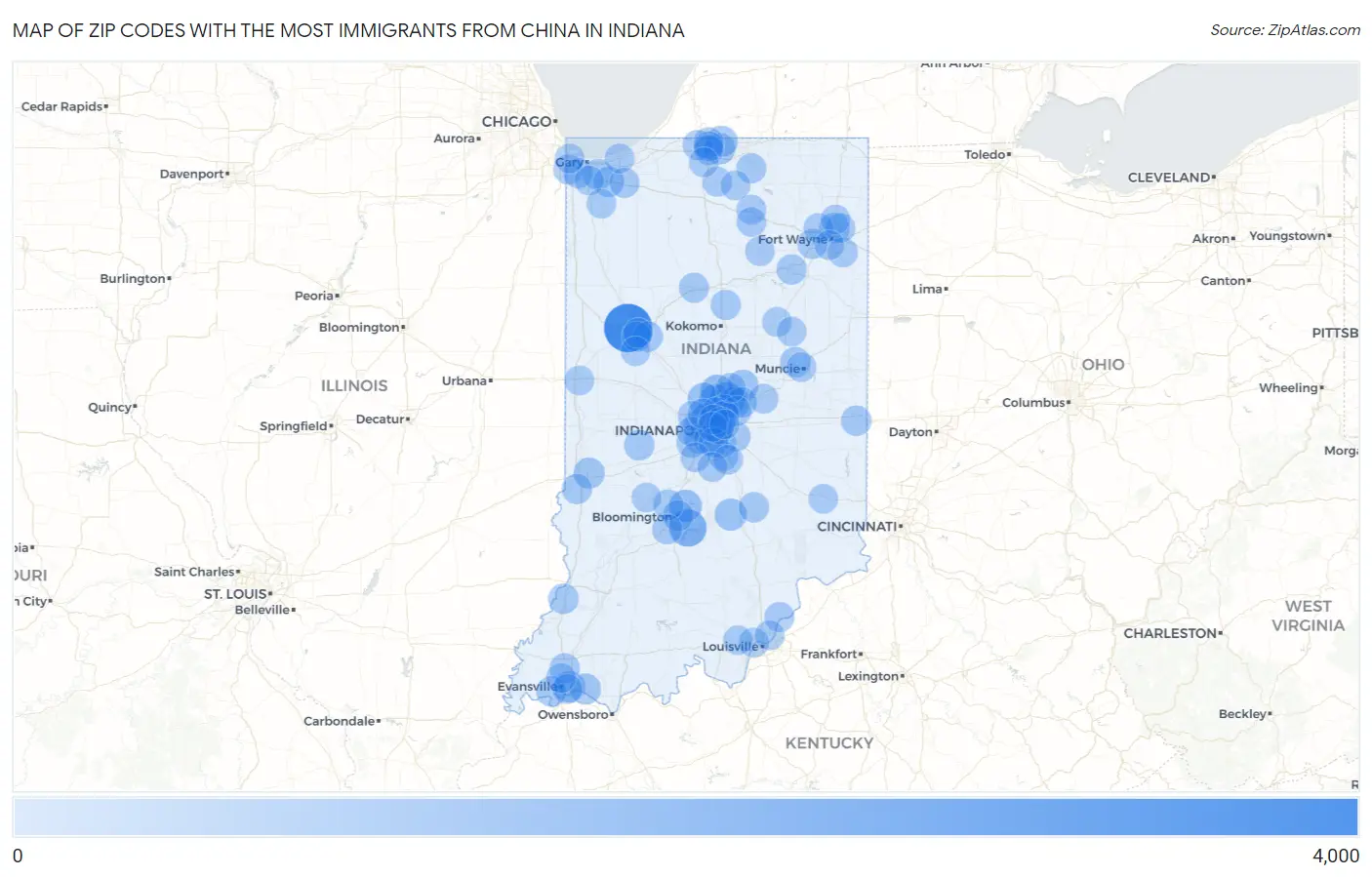 Zip Codes with the Most Immigrants from China in Indiana Map