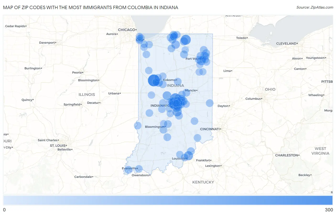 Zip Codes with the Most Immigrants from Colombia in Indiana Map