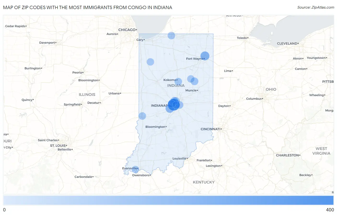 Zip Codes with the Most Immigrants from Congo in Indiana Map