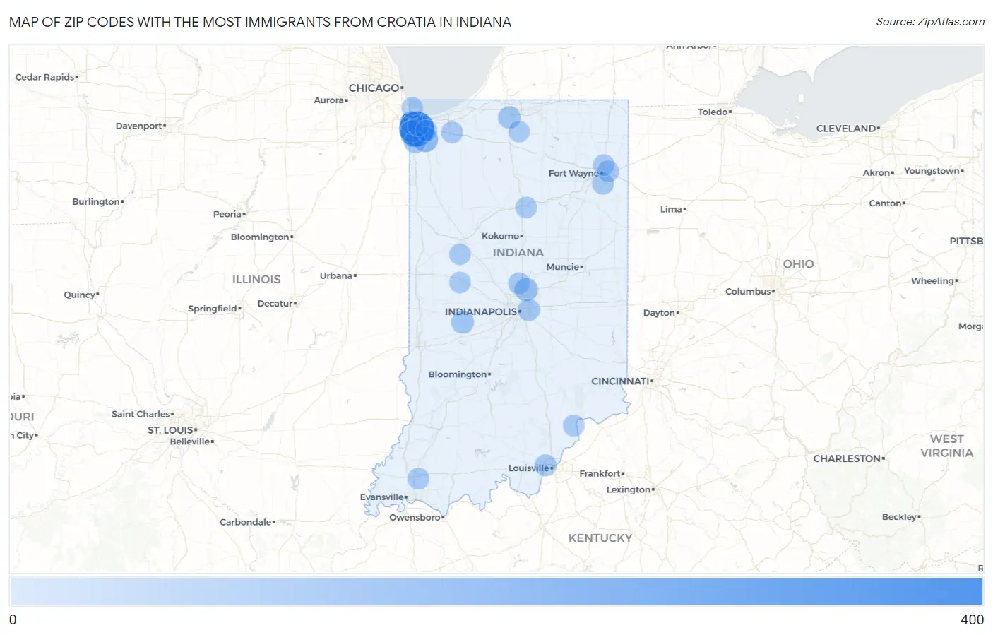 Zip Codes with the Most Immigrants from Croatia in Indiana Map