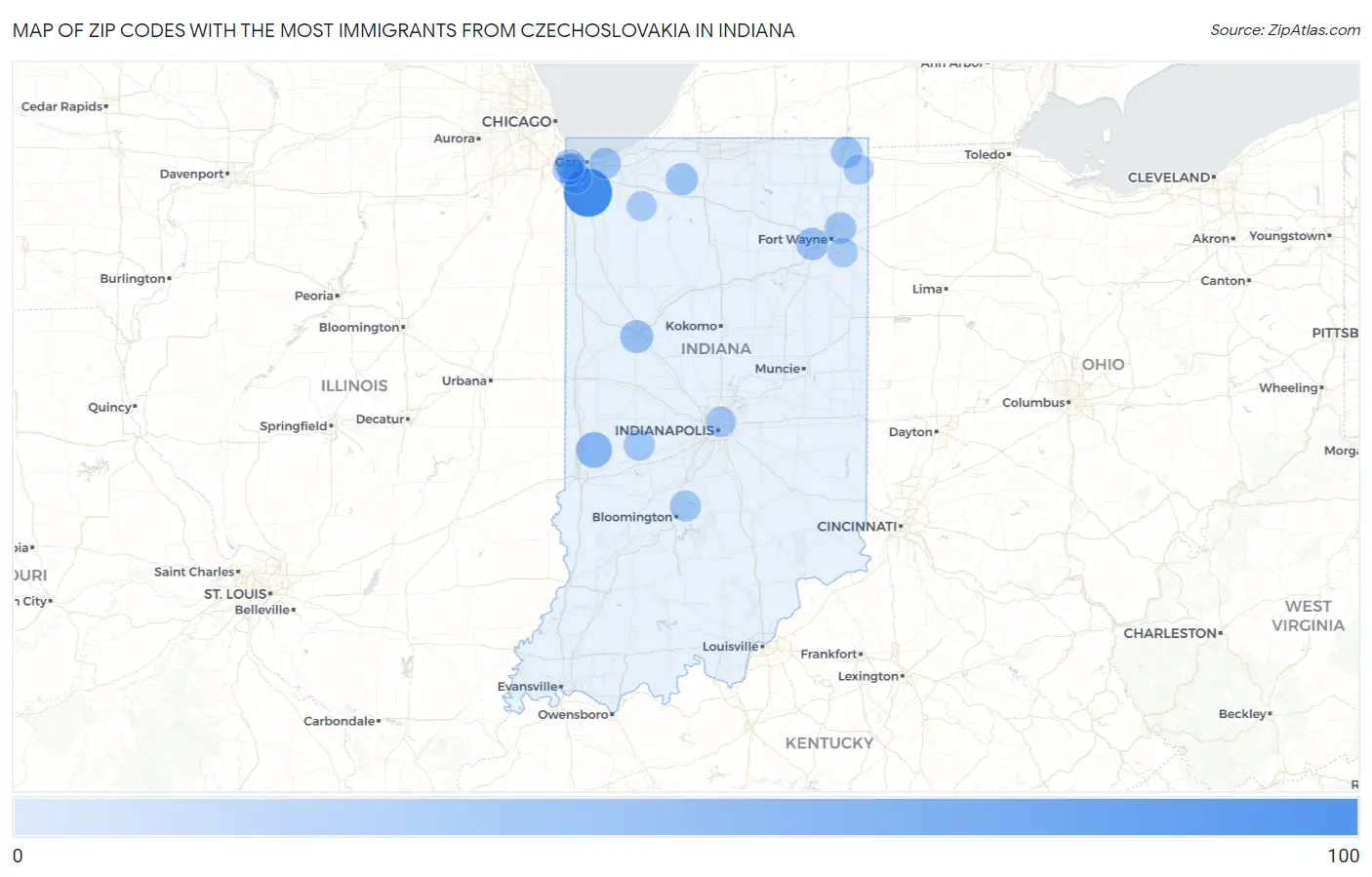 Zip Codes with the Most Immigrants from Czechoslovakia in Indiana Map