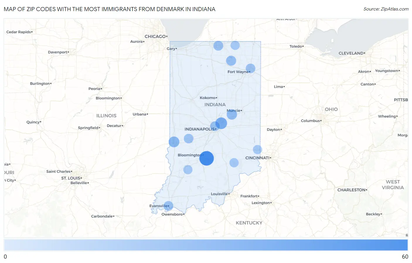 Zip Codes with the Most Immigrants from Denmark in Indiana Map