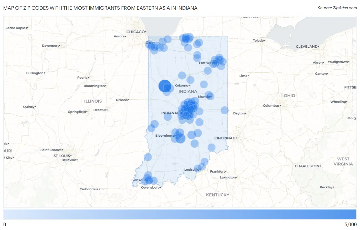 Zip Codes with the Most Immigrants from Eastern Asia in Indiana Map