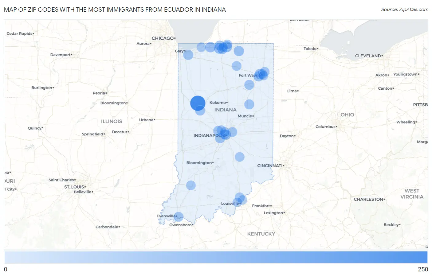 Zip Codes with the Most Immigrants from Ecuador in Indiana Map